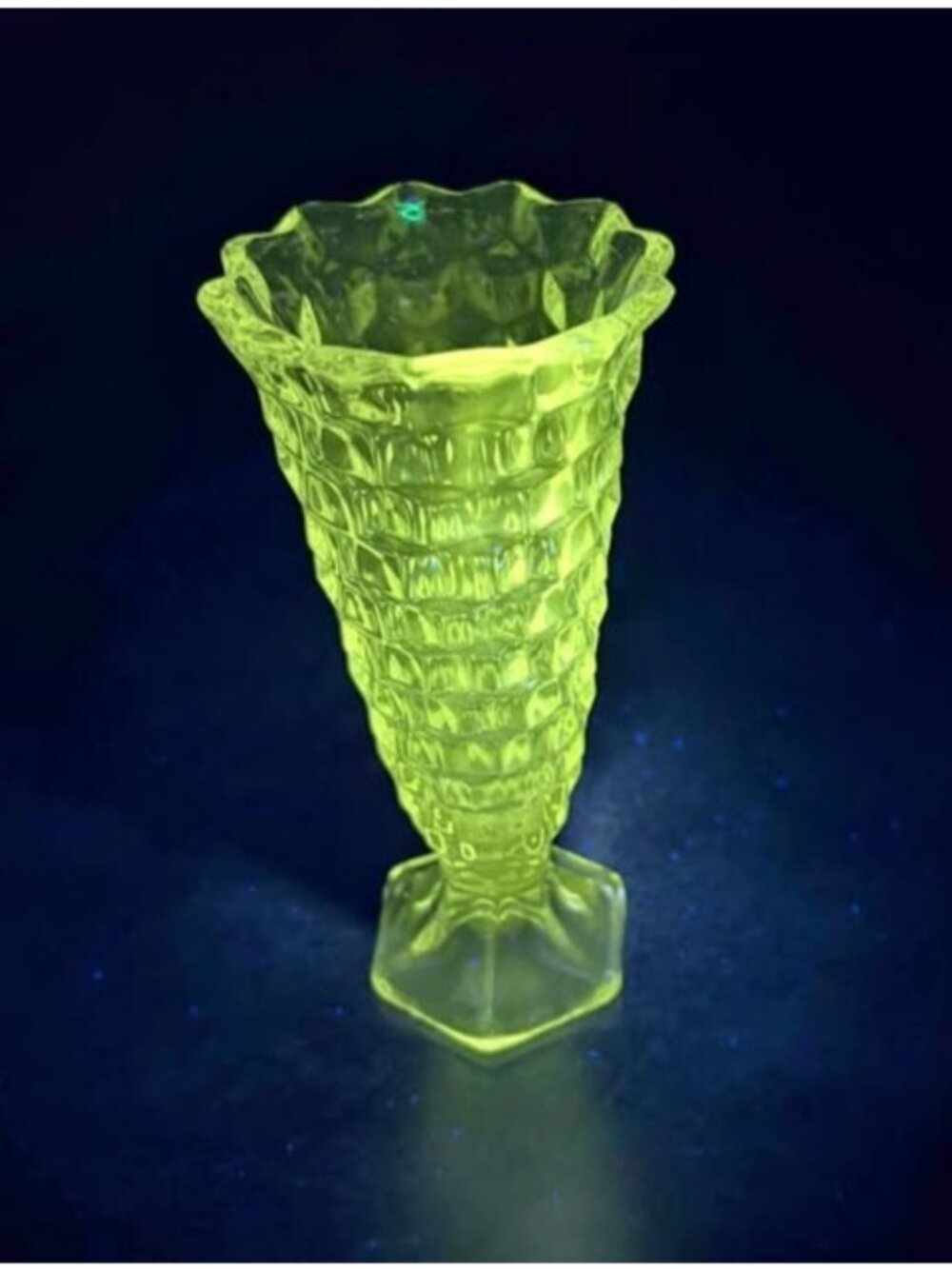 Clear Uranium Glass Vase With Scalloped Edge & Textured Pattern Glows Under Blac